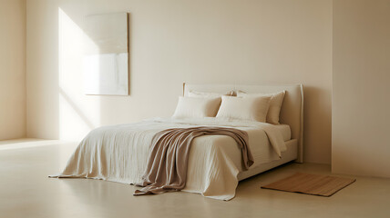 Minimalist beige bedroom with comfortable bed and throw