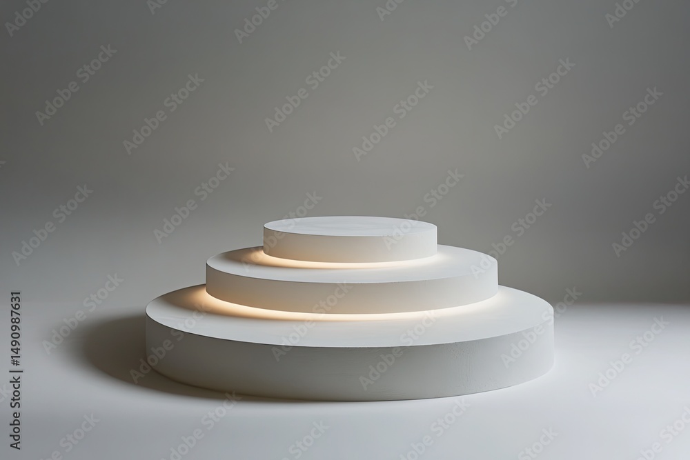 Poster white three tiered round display stand minimalist style with subtle light effects