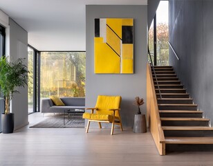 minimalist home interior design of modern living room transitional hallway with yellow artwork on concrete gray wall wooden staircase leads up to area with lounge chair with wooden arms and legs
