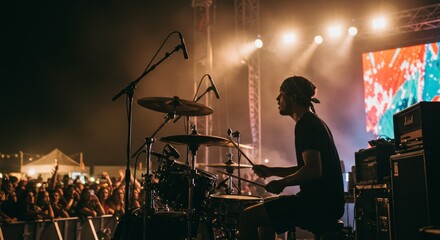 Dynamic Performance Drummer Energizing Crowd at Rock Music Festival Stage