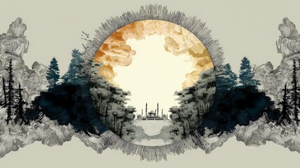 Obraz premium Embroidered mosque on knitted background, representing Islamic identity and religious heritage, ideal for ethnic patterns and spiritual design.