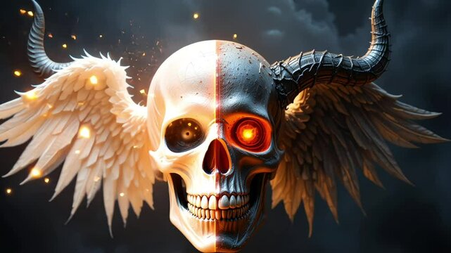 Dual-faced human skull with angelic and demonic halves
