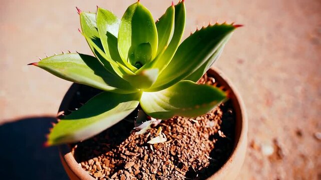 Close-up of a vibrant green succulent plant with red tipped spines potted in a terracotta pot, casting a shadow outdoors.