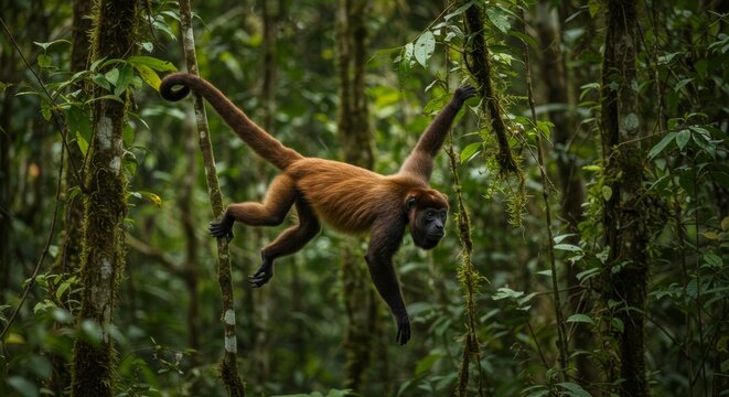 Agile howler monkey gracefully swinging through verdant rainforest canopy