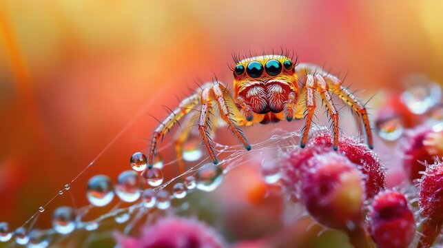 Vibrant orange jumping spider on dew-covered web. - Powered by Adobe