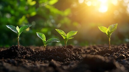Fototapeta premium Green saplings emerging from healthy soil high resolution picture