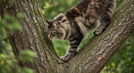 Obraz premium A Majestic Norwegian Forest Cat Perched High on a Tree Branch Outdoors