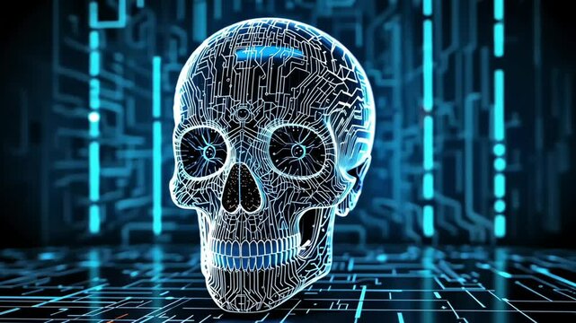 Human skull with glowing circuit patterns in futuristic cyber grid