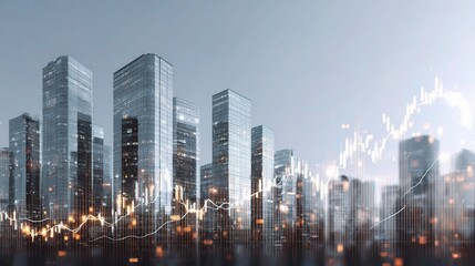 Naklejka premium Modern Financial Graph Overlay on Urban Office Buildings View