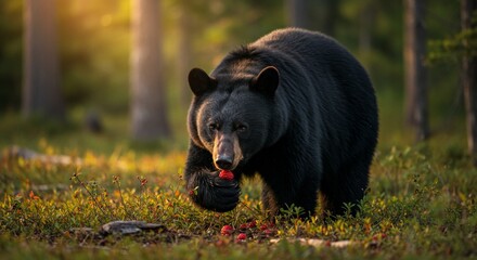 Naklejka premium A Majestic Black Bear Foraging for Berries in the Forest at Sunset