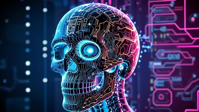 Human skull with glowing circuit patterns in futuristic cyber grid