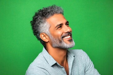Obraz premium Fashionable men's low fade haircut - midlife middle eastern man with curly hair. Design of style for aging men. Green solid background. An artistic man expressing confidence in his portrait.
