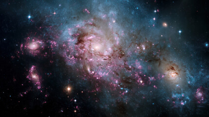 Fototapeta premium Space background with colorful nebula Galaxy Cloud. Bright galaxy shimmering neon blue purple colors with distant stars. Mysterious alien star system purple green planets orbiting a bright glowing sun