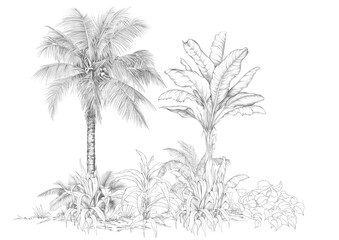 Hand-drawn palm trees and tropical foliage in pencil sketch style. Monochrome botanical design.
