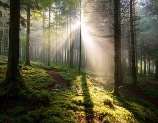 Fototapeta premium rays of sunlight filtering through a misty forest illuminating the ground with soft dappled light