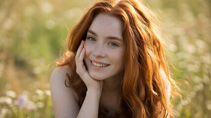 Naklejka premium A portrait of a beautiful redhead woman with natural smile in a field. The woman is relaxed and gazing into the camera