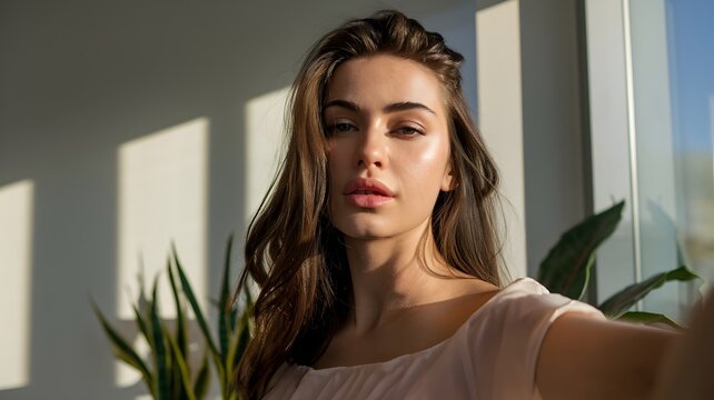 A woman is taking a selfie portrait with a natural light and soft focus