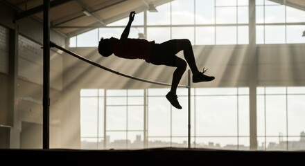 Silhouette of athlete soaring over high jump bar in indoor stadium