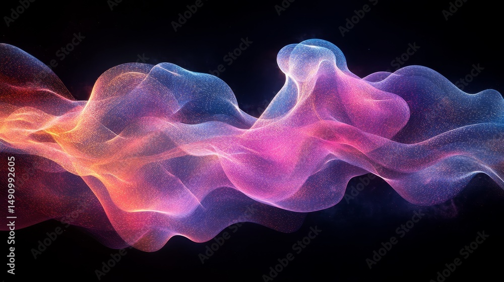 Poster abstract colorful fluid forms in a dark background.