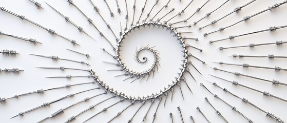 Obraz premium Abstract spiral of metallic pins on white background.