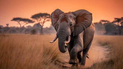Obraz premium A majestic elephant walking across an open field at dusk. The sky is ablaze with orange and pink hues, and the landscape is bathed in a warm light