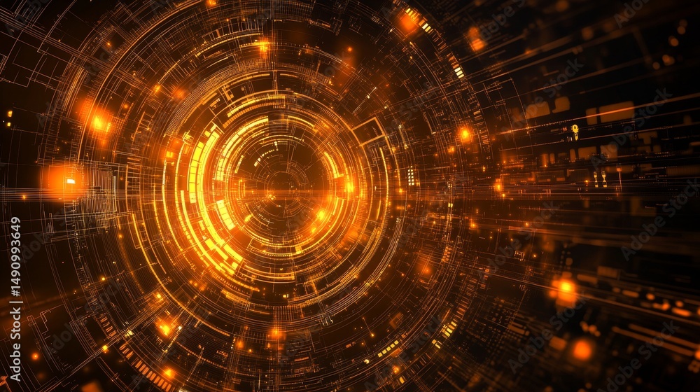 Poster abstract golden technology background with intricate circuitry and glowing orbs