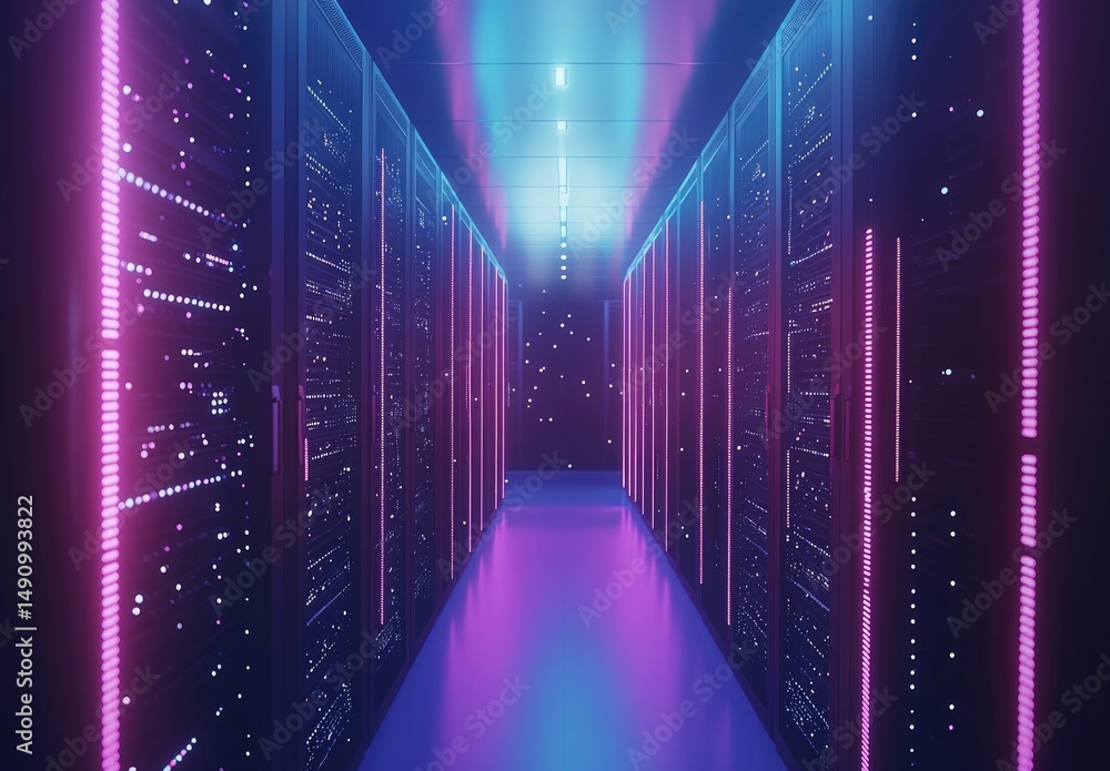 Fototapete Symmetrical server corridor illuminated with purple and cyan lights reflecting on the floor, perfect for themes on futuristic cloud computing, digital systems, or cyber tech
