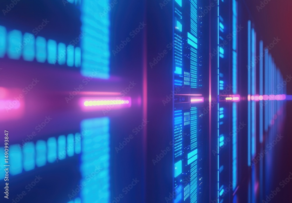Poster close-up view of glowing server panels with bright blue and pink lights in a futuristic corridor, id