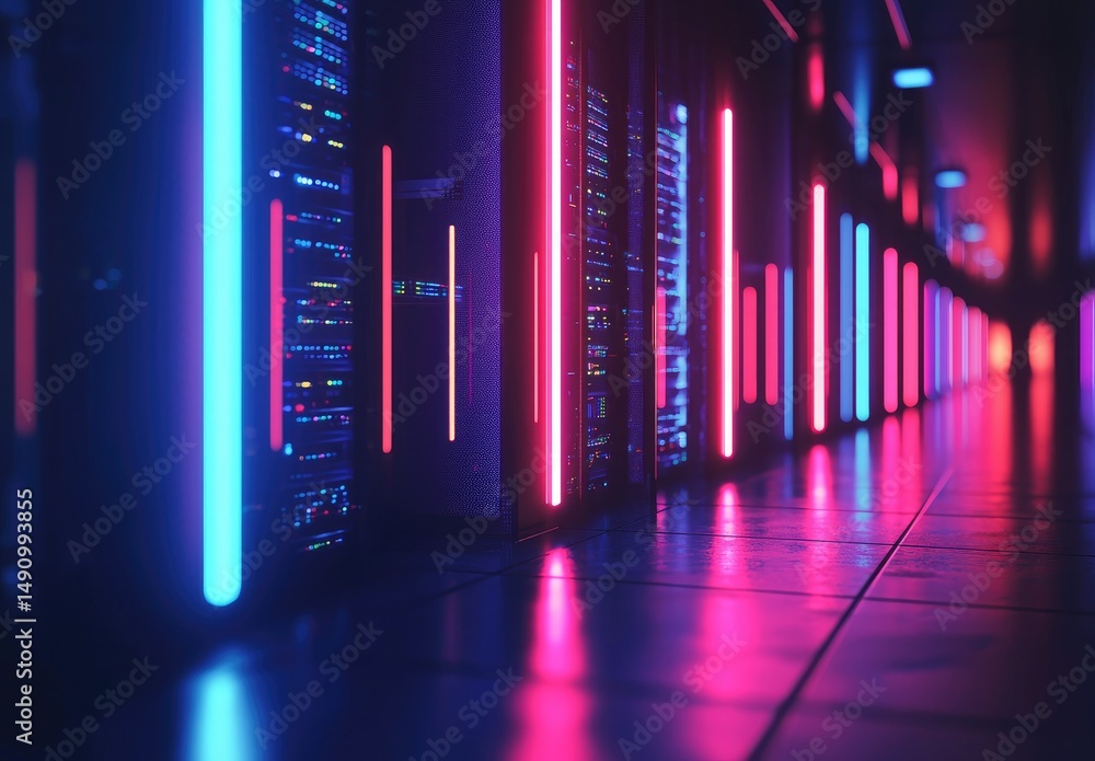 Poster neon-lit server corridor in deep blue and magenta tones with glowing lights reflected on the floor, 