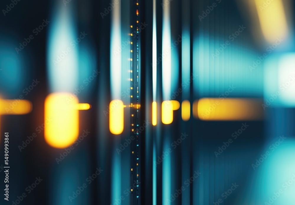 Poster abstract close-up of server racks with yellow and blue lights creating a blurred, futuristic ambianc
