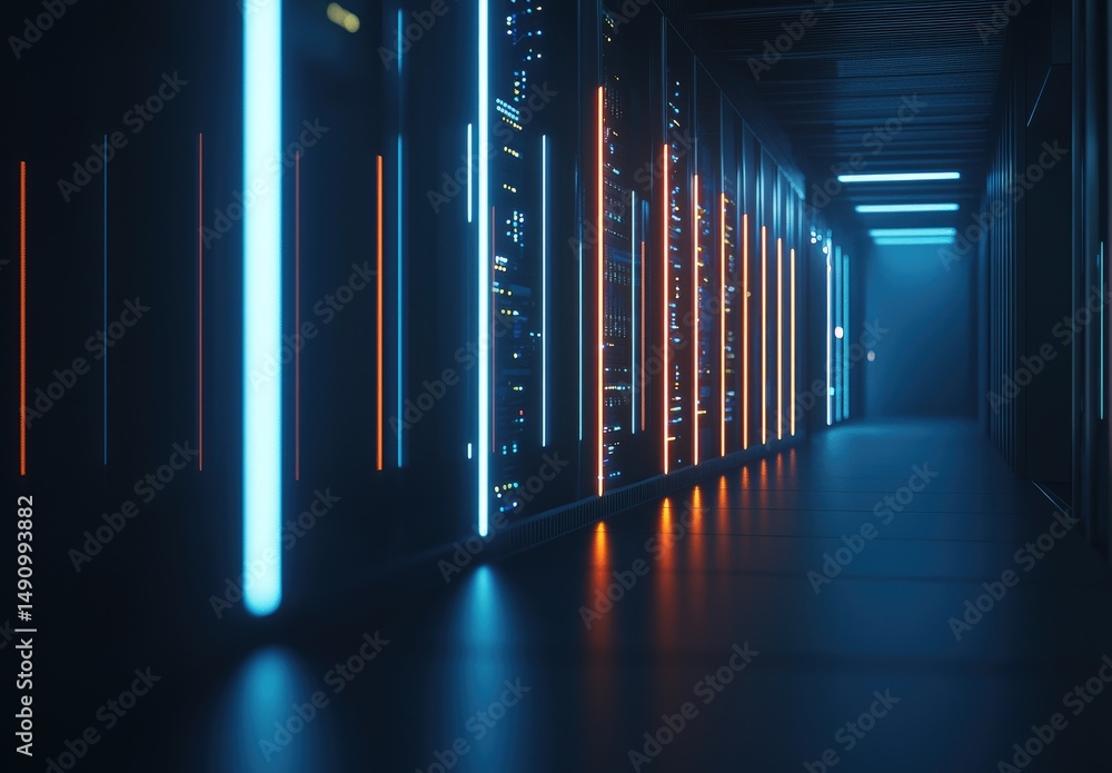 Poster futuristic server room with glowing blue and orange led lights reflecting on the floor in a dark cor