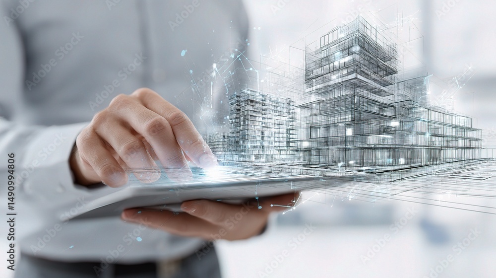 Poster architect using digital tablet for smart building concepts