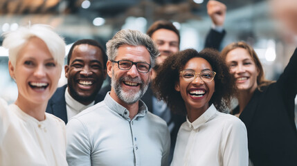 Obraz premium Diverse Team Celebrating Success A Portrait of Joyful Collaboration and Achievement