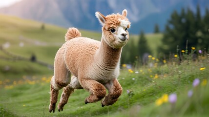 Fototapeta premium A delightful alpaca joyfully leaping across a lush green hillside. The alpaca is a charming creature, the image captures a moment of pure joy