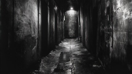 Fototapeta premium Monochromatic corridor with rough textures, evocative of history and mystery