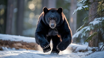 A majestic black bear confidently striding through the snow-covered forest, its gaze fixed forward. It embodies the spirit of the wilderness.