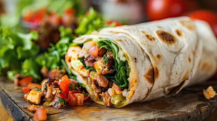 Close up of a large burrito with fresh lettuce and meat on a wooden board, ready to be eaten