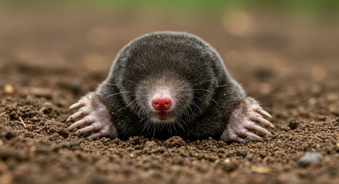 Adorable european mole digging and resting in brown earth, cute animal