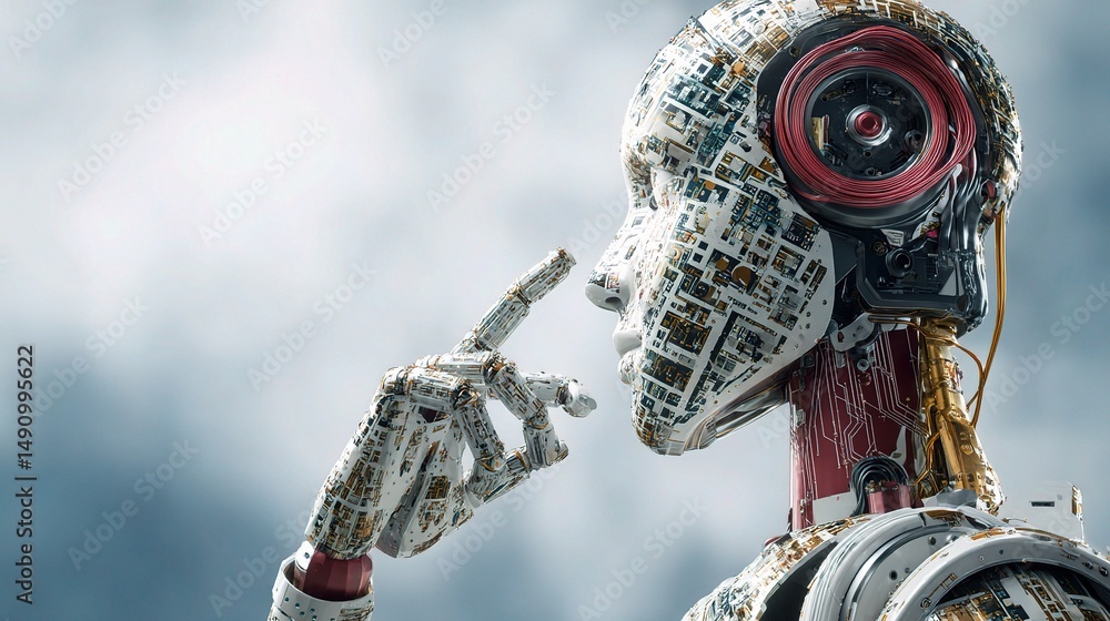 Poster futuristic robot with circuit board overlay displaying intelligence