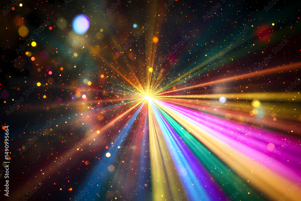 Poster rainbow light beams exploding in a colorful universe with glitter and bokeh effects