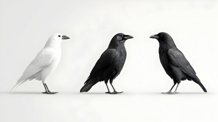 Fototapeta premium Three Birds Pixel Art: White and Black Ravens on Light Background