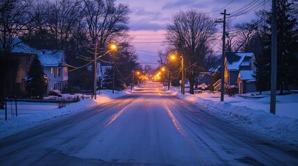 Serene twilight scene of a snow-covered street in a quiet neighborhood during winter