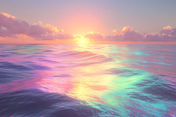 Pastel sunset reflecting on colorful ocean waves with clouds