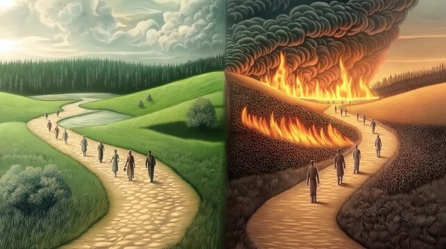 Two roads diverge&mdash;one leads through peace and light, the other into fire and darkness&mdash;symbolizing the narrow path to life and the wide road to destruction, as Jesus taught.
