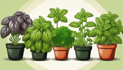 Obraz premium fresh basil plants illustrations in various pots