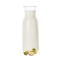 Nut milk in glass bottle and pistachios isolated on white