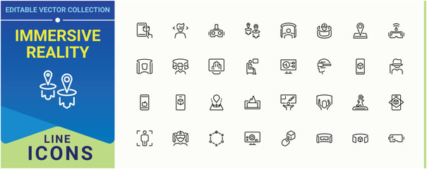 Immersive Reality icon set. Includes symbols for augmented, digital, reality, virtual, panoramic and more. Virtual Reality icon set. Modern vector illustration. Editable vector art and illustration.