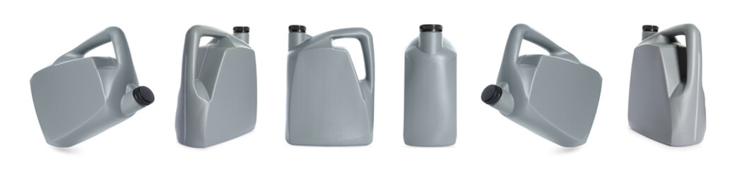 Plastic canister on white background, collage. View from different sides