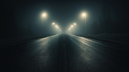 Eerie highway shrouded in dense fog illuminated by distant streetlights
