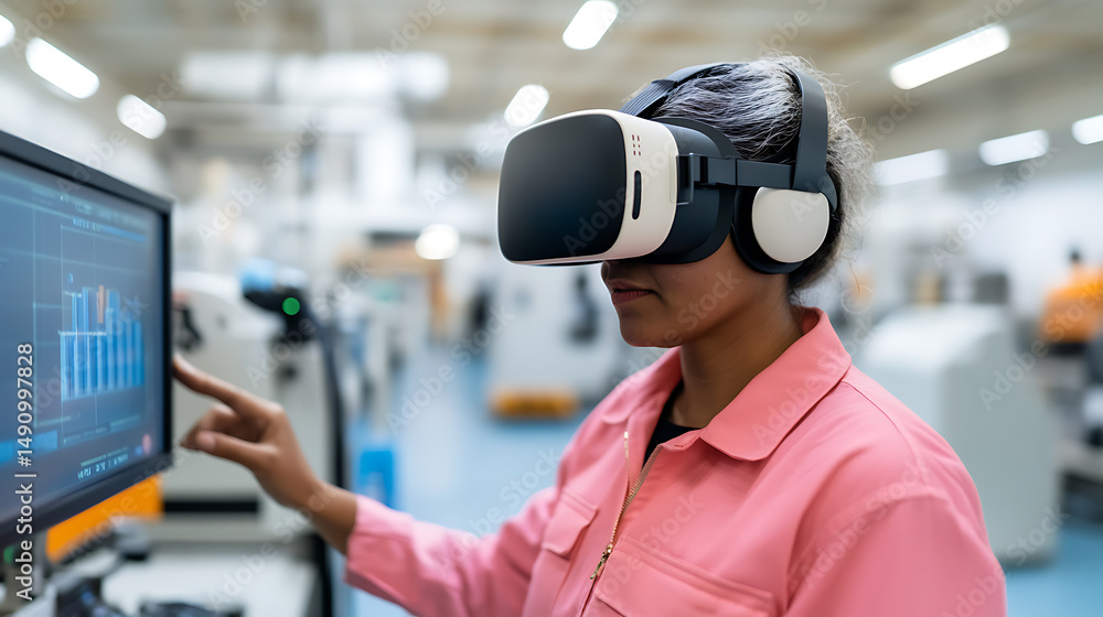 Poster woman in vr headset interacting with data on a screen in a factory setting, showcasing advanced tech
